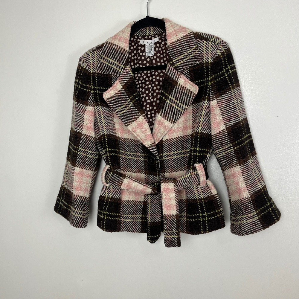 VTG‎ Y2K Clueless Soft Academia Cabi Kate Plaid Wool Belted Blazer 8 Pink Brown